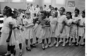 Students stand in line in an integrated classroom at the Barnard School in Washington, D.C., in May 1955, exactly one year after the Brown decision