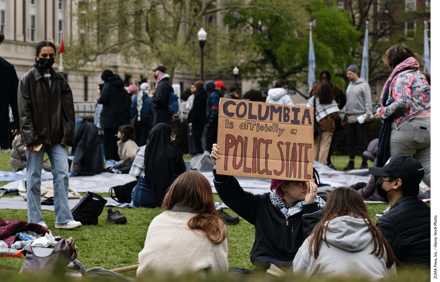 19th Apr, 2024. Despite over a hundred arrests the previous day, the student-led pro-Palestinian encampment at Columbia University has now relocated to a different quadrant of the lawn after the previous day's disbandment by the NYPD.