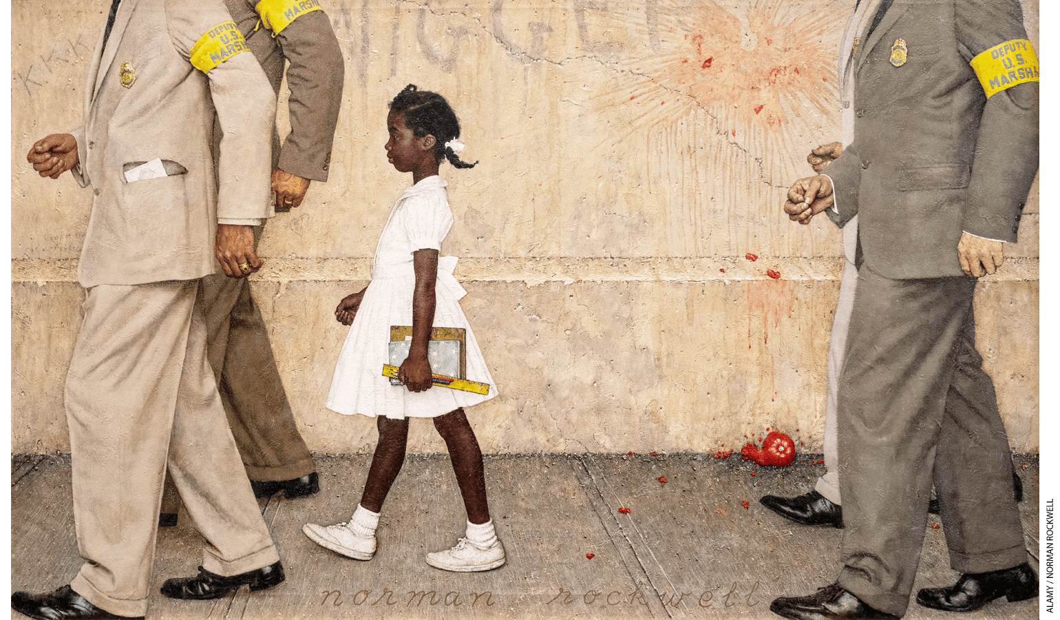 Norman Rockwell’s The Problem We All Live With showing six-year-old Ruby Bridges escorted to school by U.S. Marshals is an indelible image from the era of school desegregation.