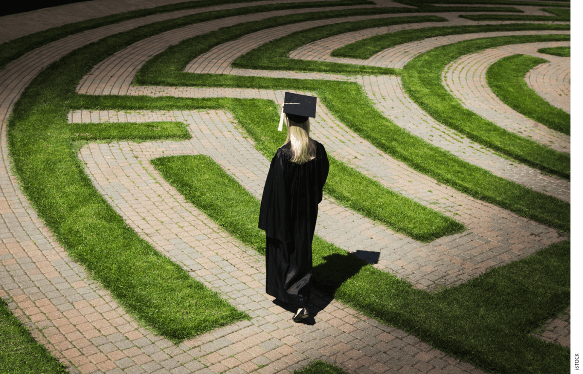 Illustration of a college graduate walking through a maze