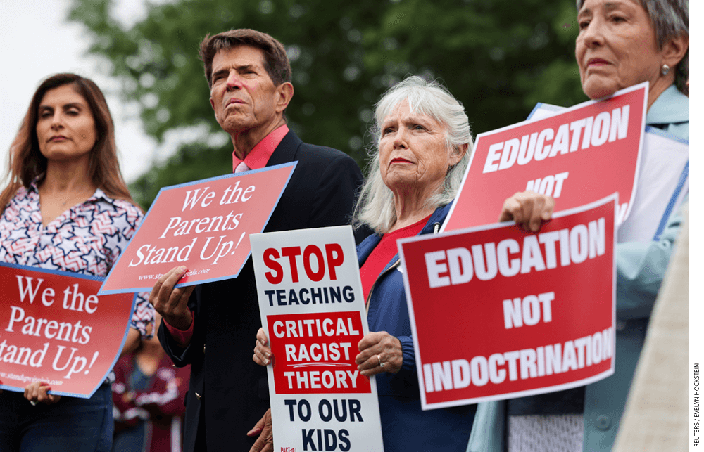 Opponents of Critical Race Theory demonstrate outside the Loudoun County School Board headquarters. The issue stoked controversy in the Virginia gubernatorial race.