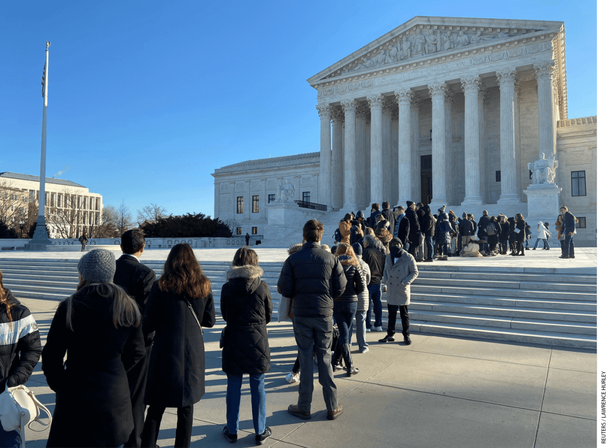 People wait outside the Supreme Court in January 2020 to hear oral arguments in Espinoza v. Montana Department of Revenue.