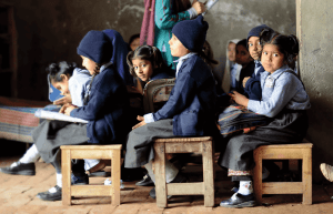 Schoolchildren at a private school in Punjab Province listen to a lesson.