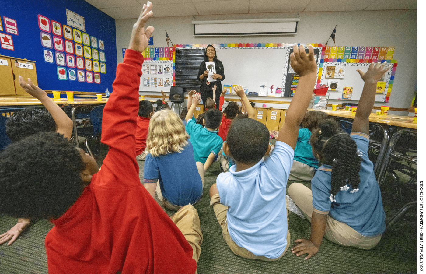 Students participate in a reading lesson at Harmony Science Academy in Waco, one of 62 schools in the Harmony Public Schools charter network that serve 40,000 Texas students.