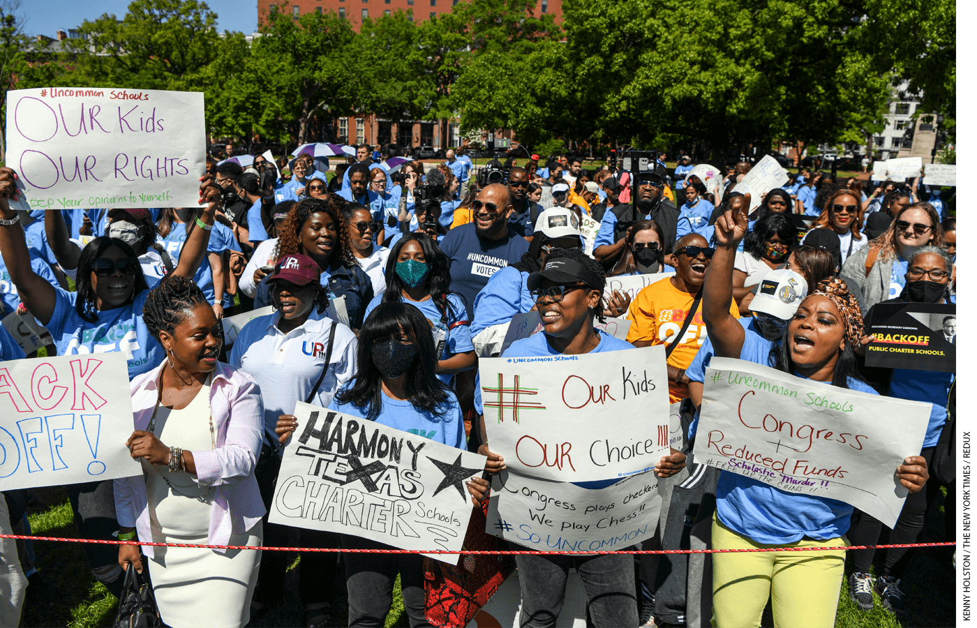 Parents protest new federal rules proposed to govern a grant program for charter schools in May 2022