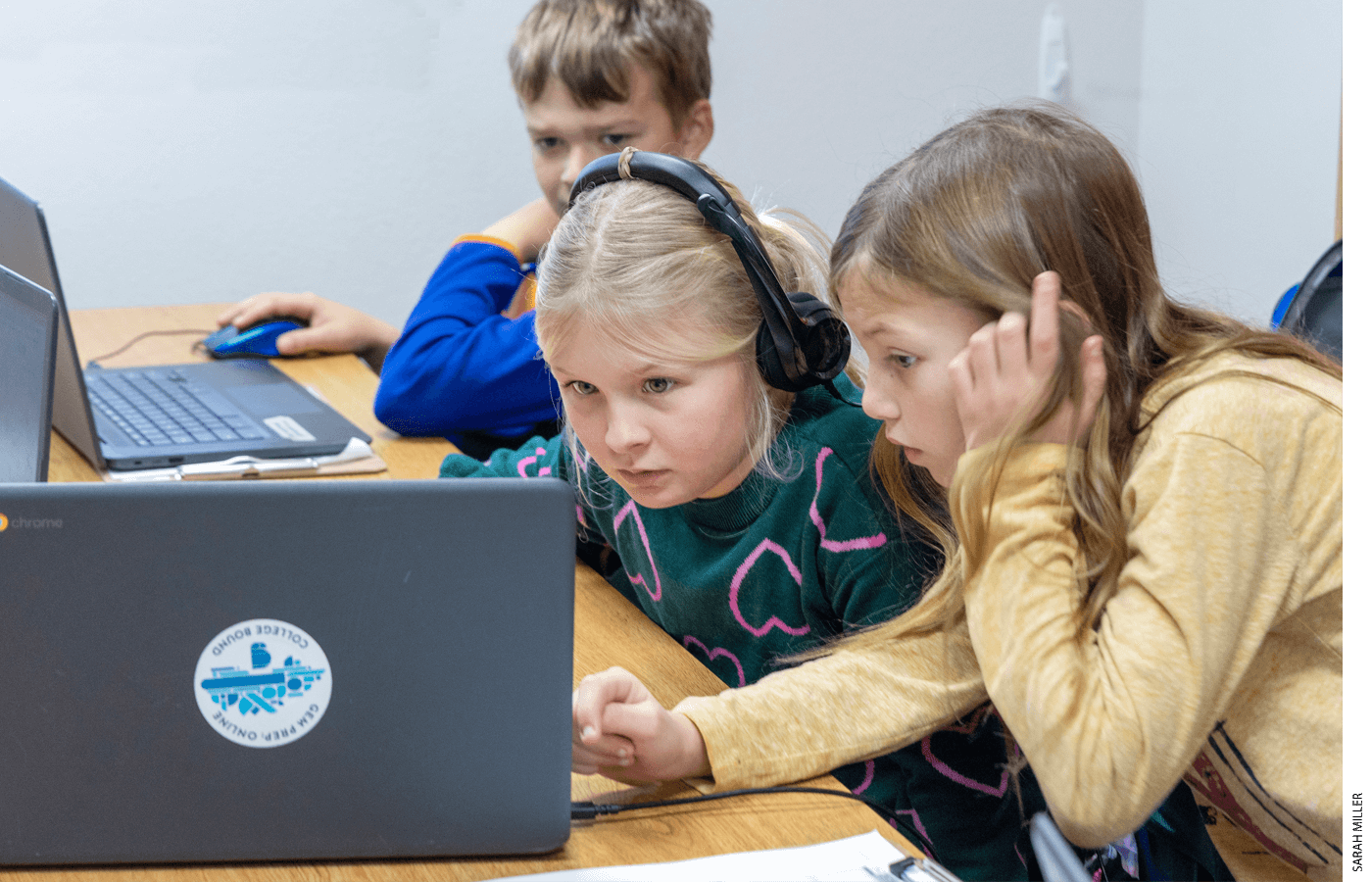 Fourth graders participate in an online lesson at the Gem Prep Learning Society in Emmett, Idaho, one of the two experimental programs that opened in the state in 2022.