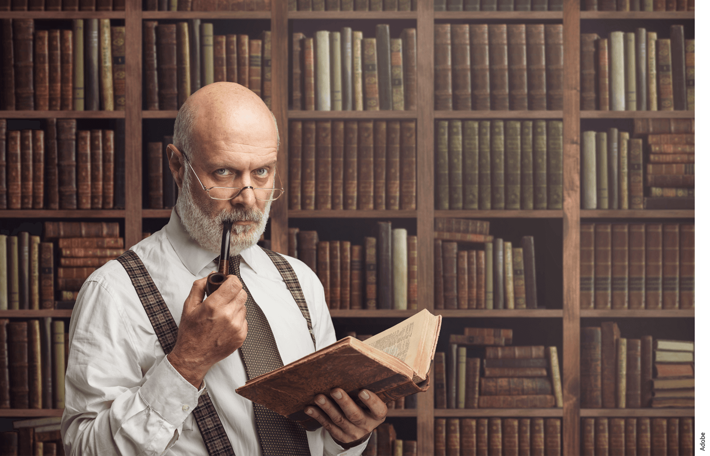 A professor holding a book and smoking a pipe