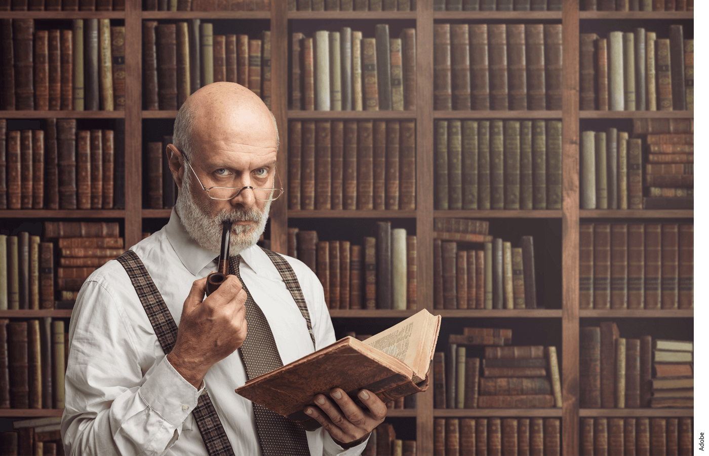 A professor holding a book and smoking a pipe